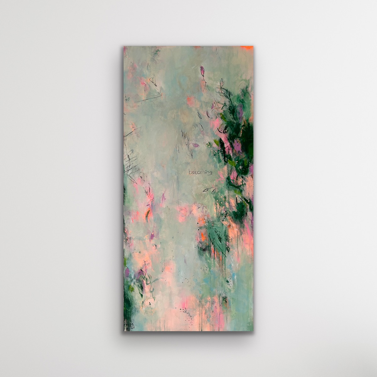 Sandra Obel, abstrakte Malerei. „Becoming“. Abstraktes Kunstwerk in Creme-, Rosé-, Apricot- und Grüntönen, das Offenheit, Aufbruch und neue Möglichkeiten vermittelt.