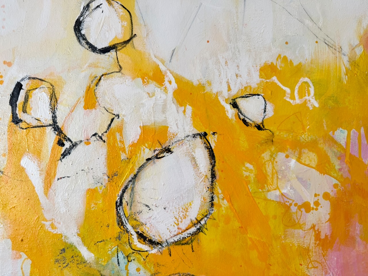 Sandra Obel, abstrakte Malerei. Inner Peace, gelbes Kunstwerk Detail