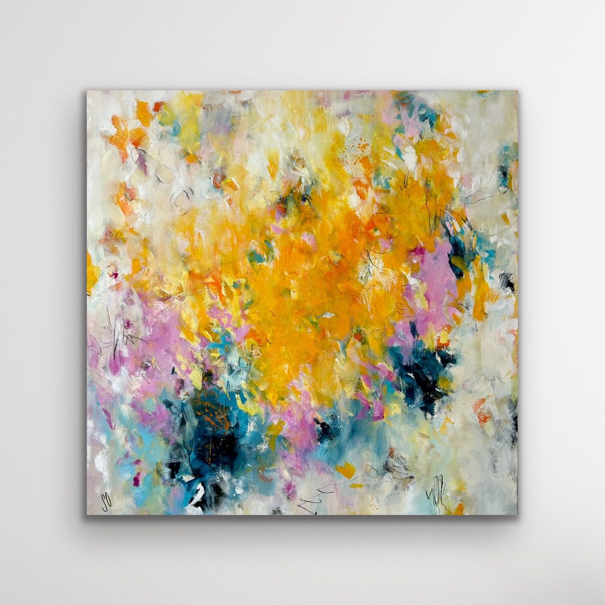 Kunstwerk Strahlkraft. Abstraktes Gemälde von Sandra Obel in Pastell-Tönen.